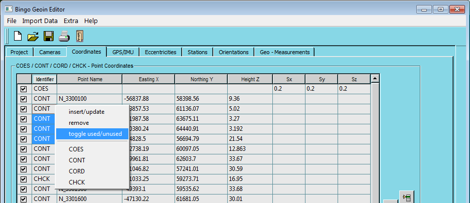 GeoInEdi Coordinates page with its context menu open