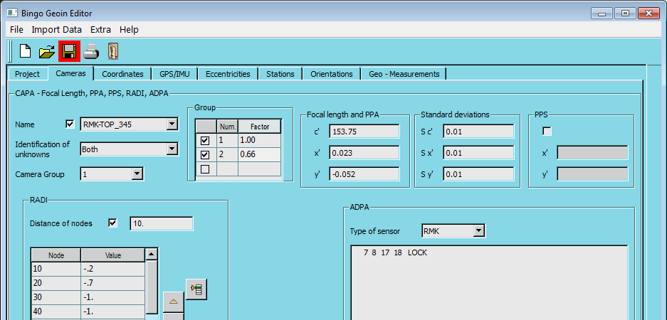 GeoInEdi Cameras page showing camera and additional-parameter data